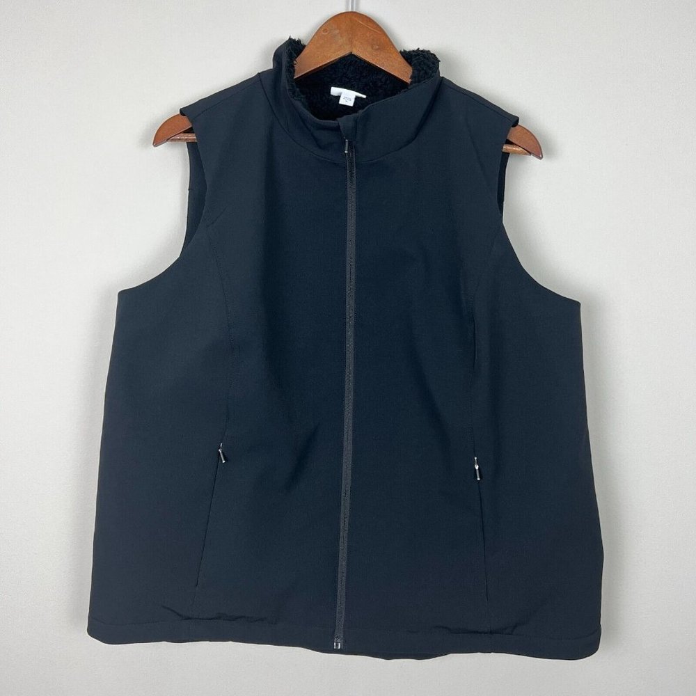 J Jill Fit Vest Women XL Black Faux Fur Sherpa Lined Full Zip Sleeveless Pockets